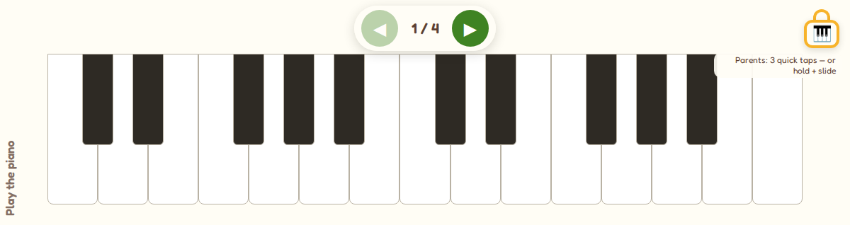 Play the piano: a full keyboard of white and black keys with a song selector reading one of four.